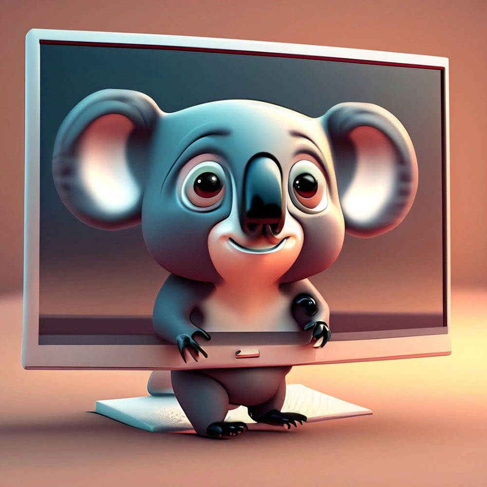 Cute computer animated 3D koala emerging from a computer monitor.