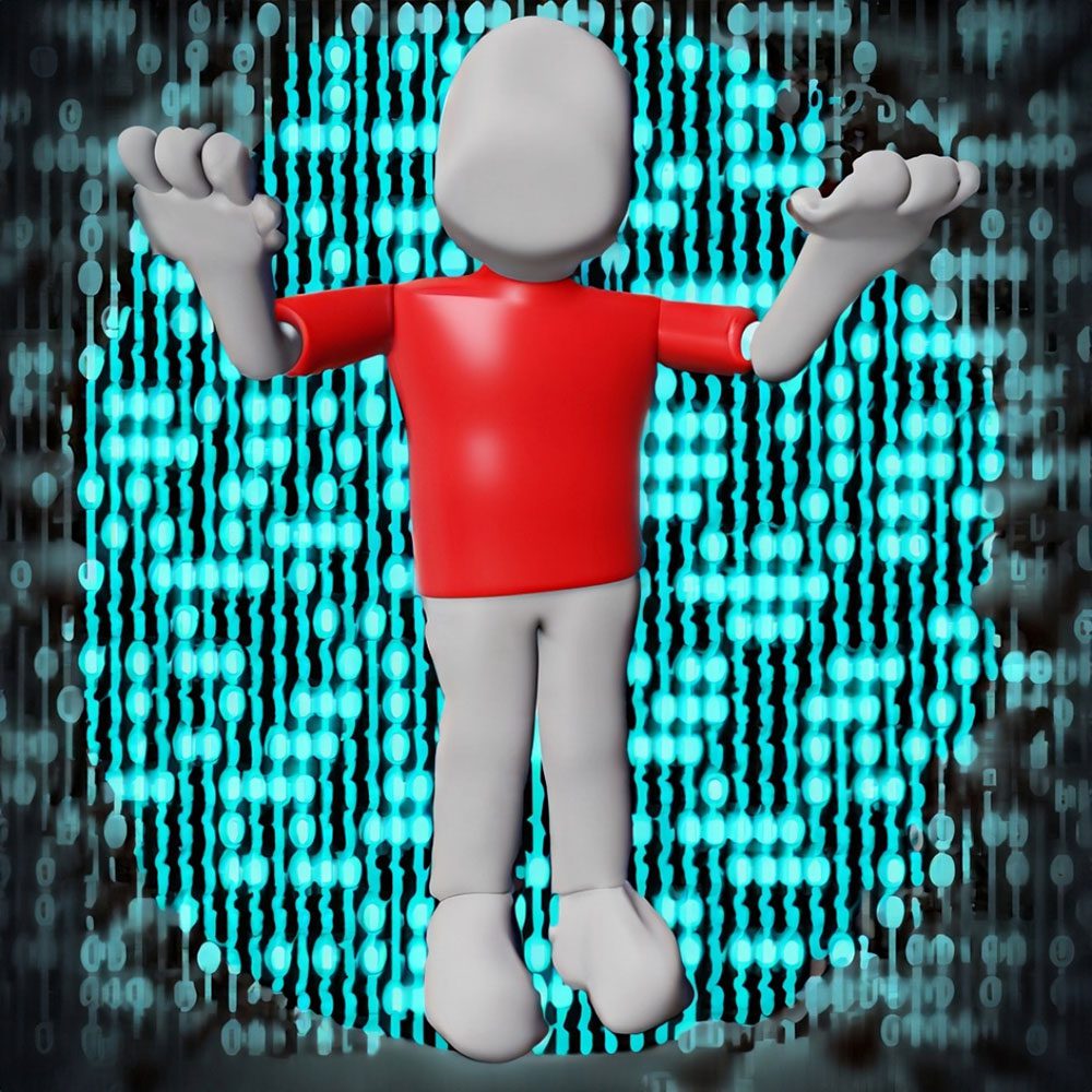 A 3D animated figure wearing a red shirt stands on a binary code background.