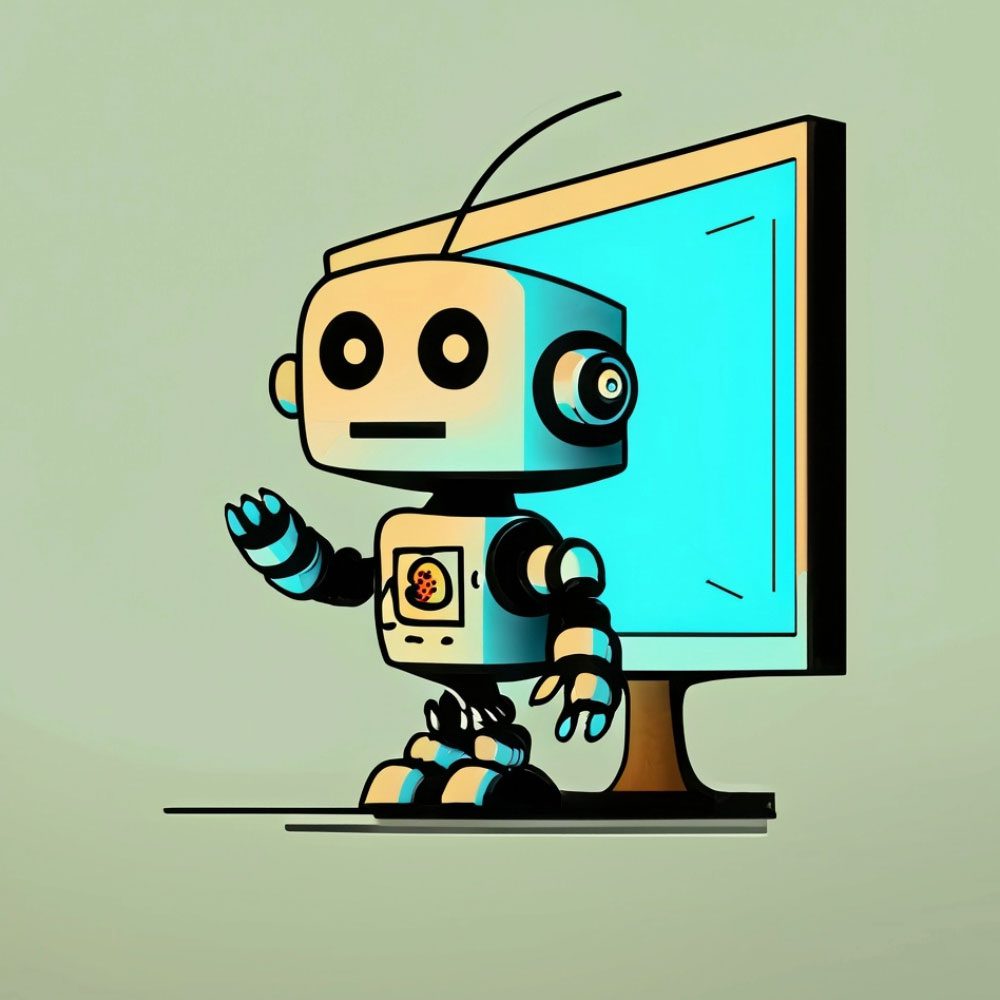 A cute animated robot standing in front of a computer monitor.